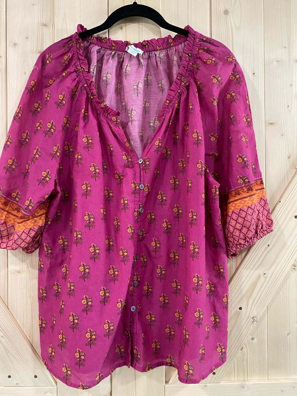 Sundance Floral Print Button Front Blouse Size L Magenta Cotton Boho